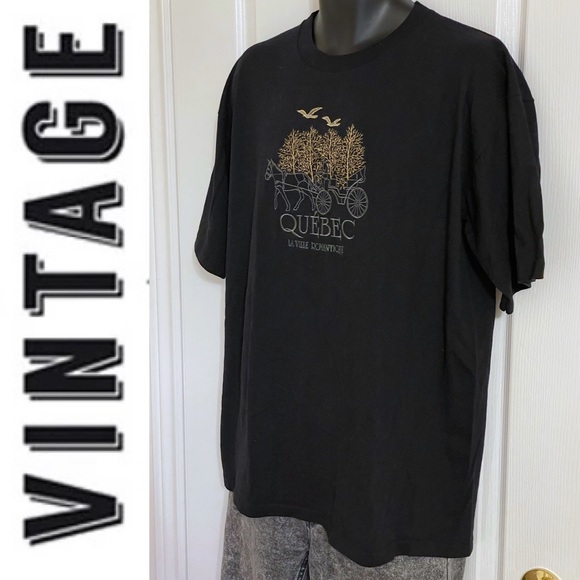 EUC vintage single stitch crewneck graphic Quebec souvenir black tee s/s, XL - Picture 2 of 16